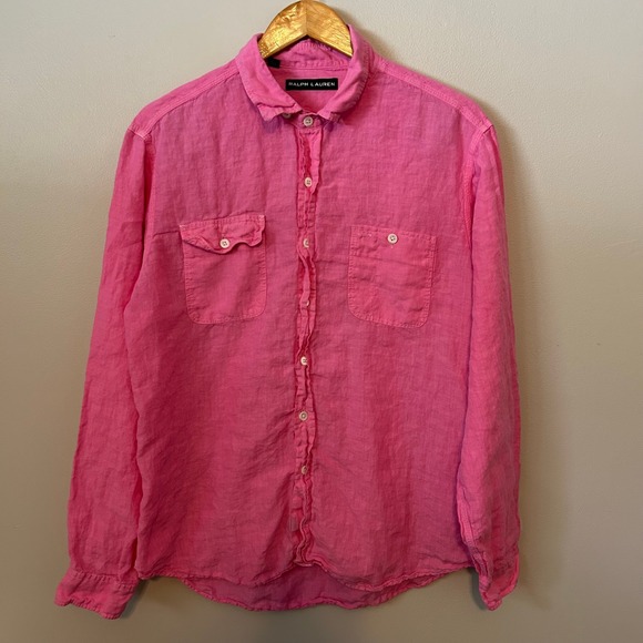 Ralph Lauren Pink Linen Long Sleeve Button Down Shirt Mens Size XL Casual - Picture 1 of 7